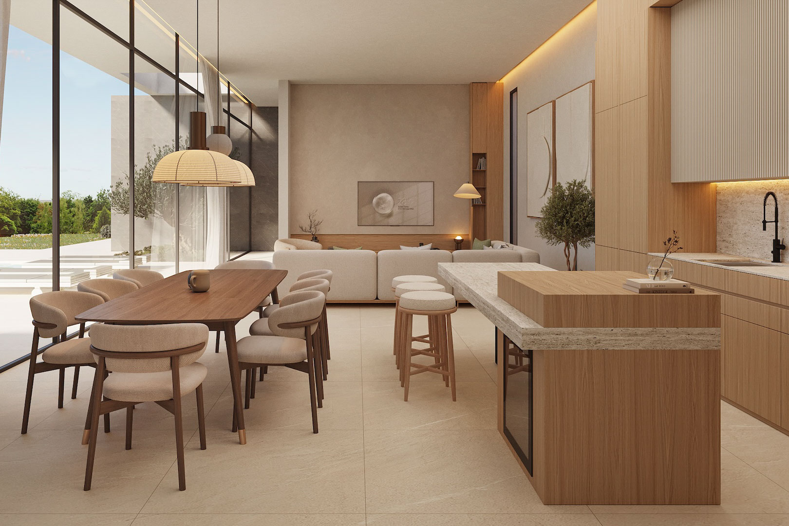 Open woonruimte met houten keuken, natuurstenen kookeiland en kamerhoge ramen die een naadloze verbinding vormen met de tuin en het terras.