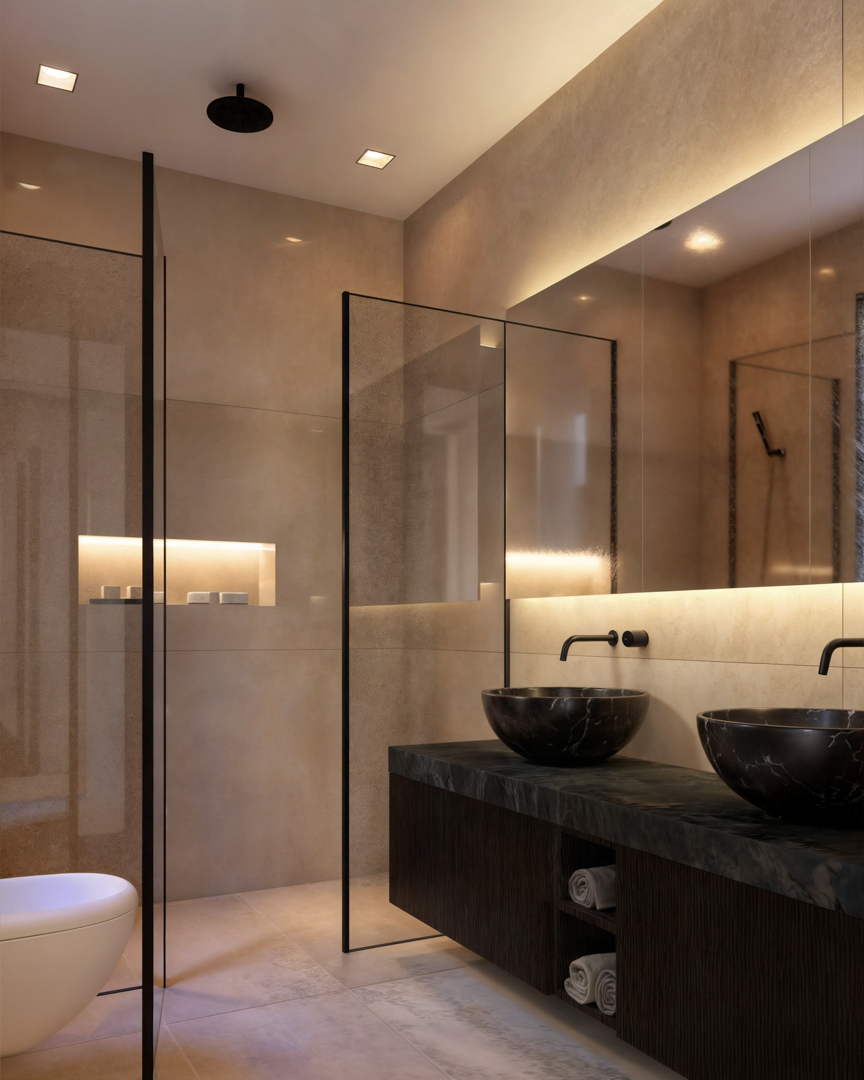 Moderne badkamer met dubbele zwarte marmeren waskommen op een zwevend meubel. Voorzien van een inloopdouche met glazen wanden, matzwarte kranen en geïntegreerde LED-verlichting.