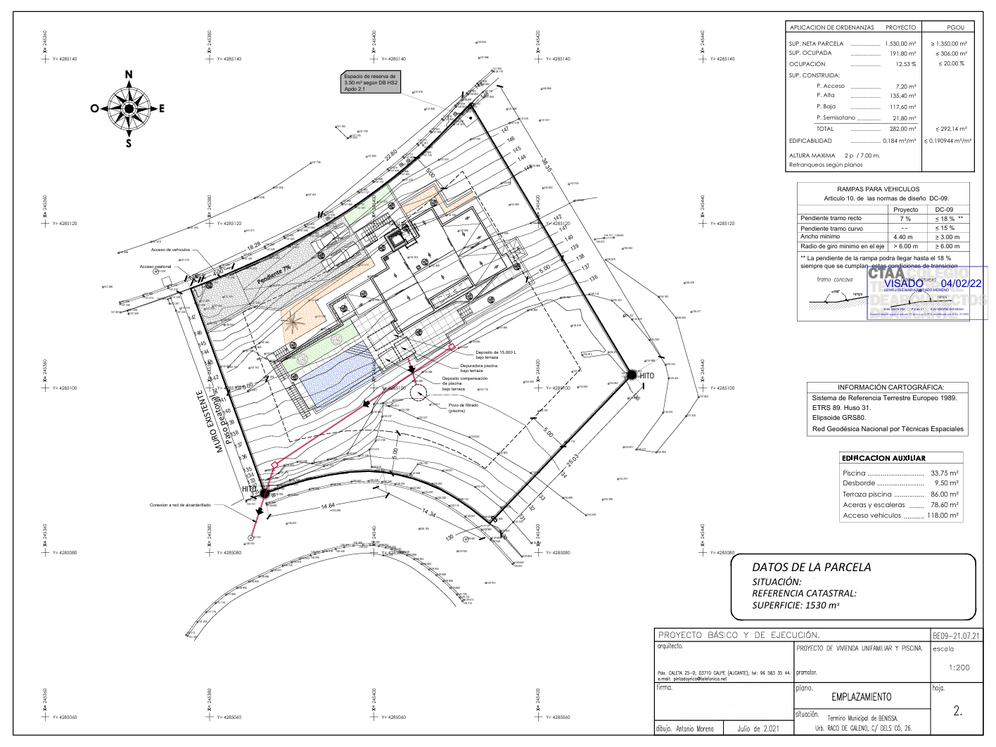 Technisch inplantingsplan met details over de bebouwing van het perceel van 1.530 m², de locatie van het zwembad en de toegangswegen voor voertuigen.