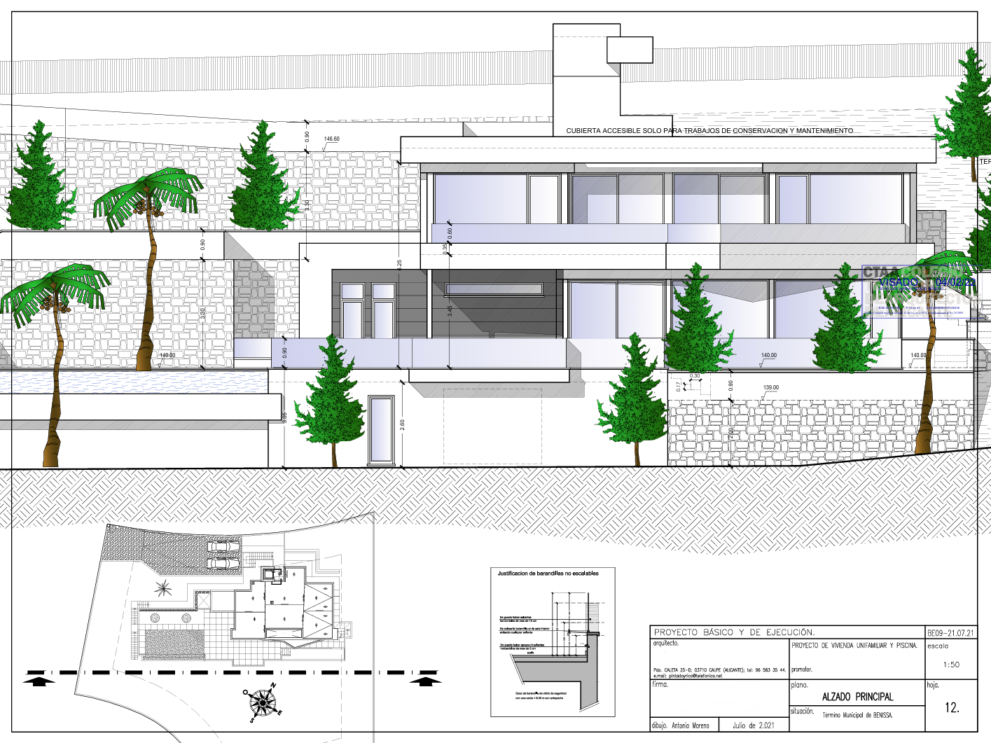 Technische architecturale tekening van de voorgevel met weergave van de moderne gelaagde structuur, grote raampartijen, natuurstenen muren en terrasruimtes.