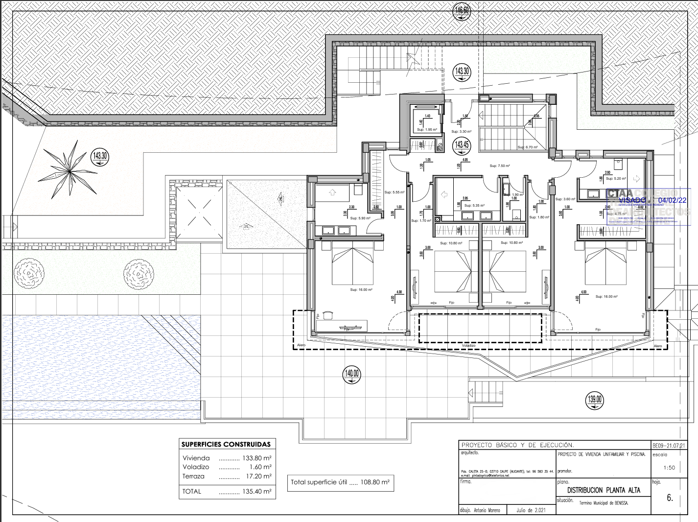 Technische plattegrond van de bovenverdieping met details over de indeling van de slaapkamers, terrassen en een totale bebouwde oppervlakte van 135,40 m².
