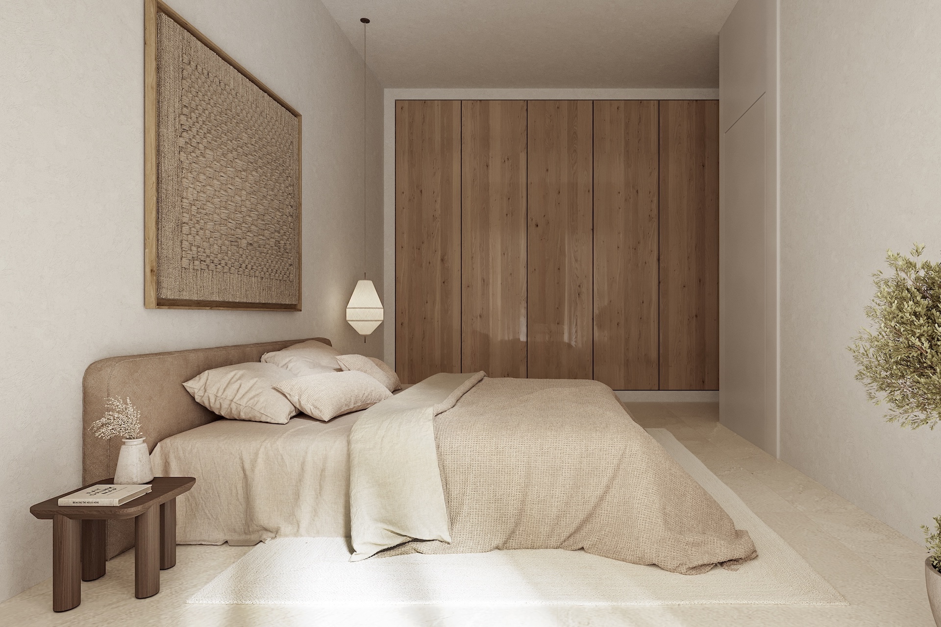 Hoofdslaapkamer met kamerhoge houten inbouwkasten, muren in zandtinten en een minimalistisch ontwerp met organische texturen.