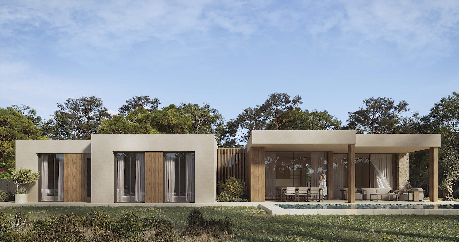 Moderne gelijkvloerse gevel met accenten van hout en natuursteen, voorzien van een ruim overdekt terras grenzend aan het privézwembad en de tuin.