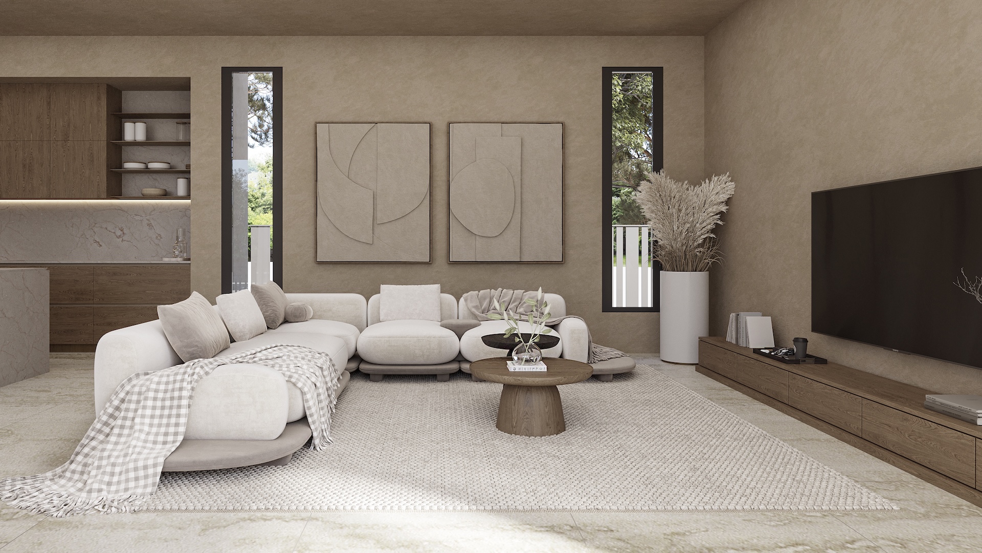 Open woonkamer met modulaire bank, getextureerde muren in aardetinten, reliëfkunst en een geïntegreerde keuken met houten kasten en marmer.