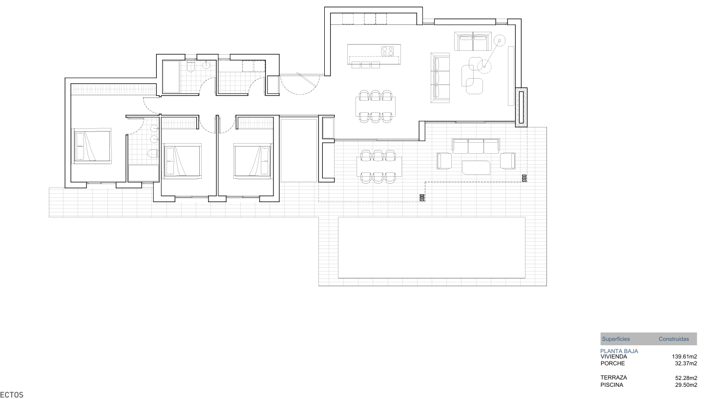 Technische plattegrond van de begane grond met de indeling van drie slaapkamers, twee badkamers, open keuken en de buitenruimte met veranda, terras en zwembad.
