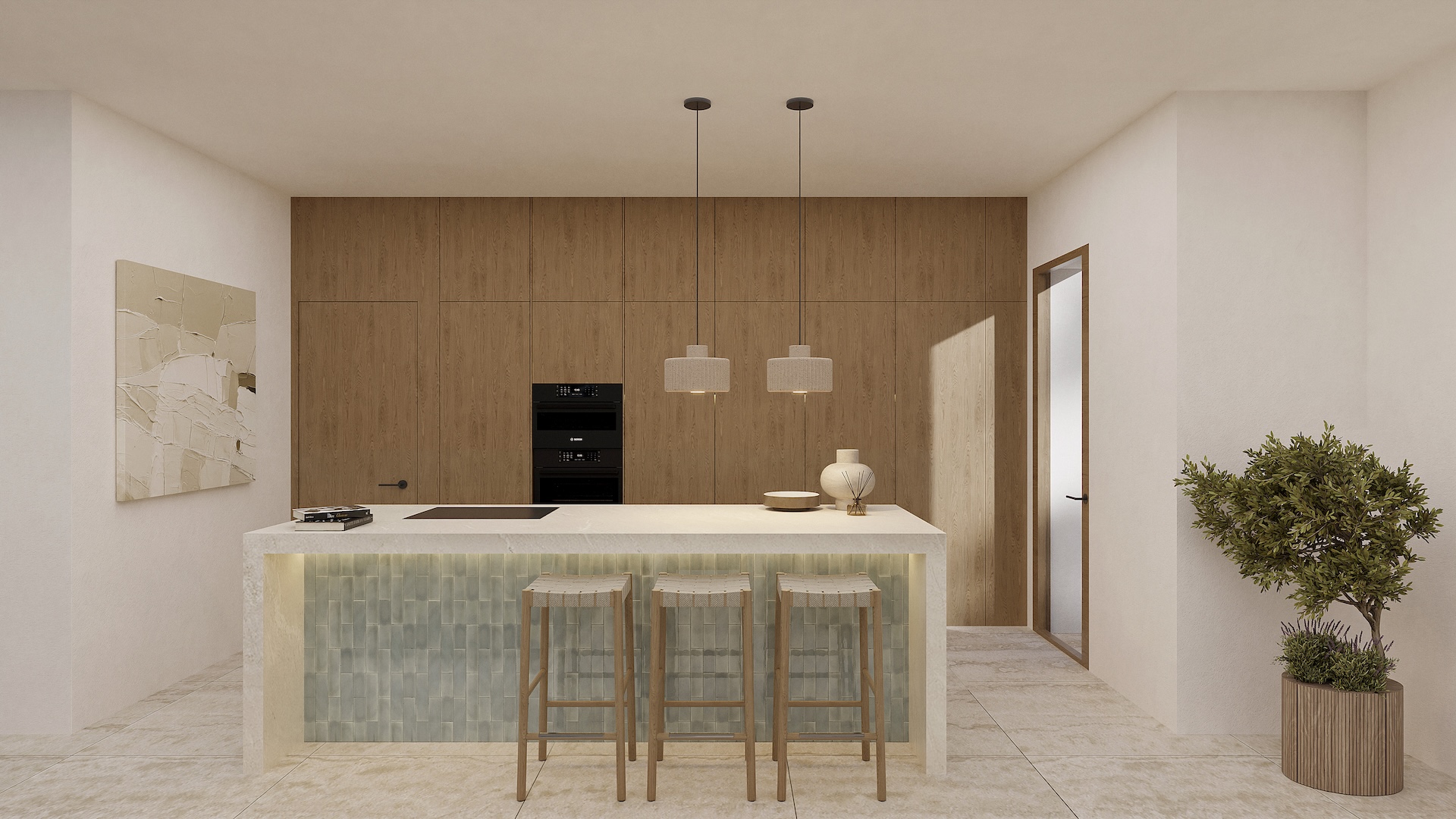 Designkeuken met centraal eiland voorzien van tegelwerk, wit stenen werkblad en houten krukken. De achterwand is afgewerkt met eikenhouten panelen en inbouwapparatuur.