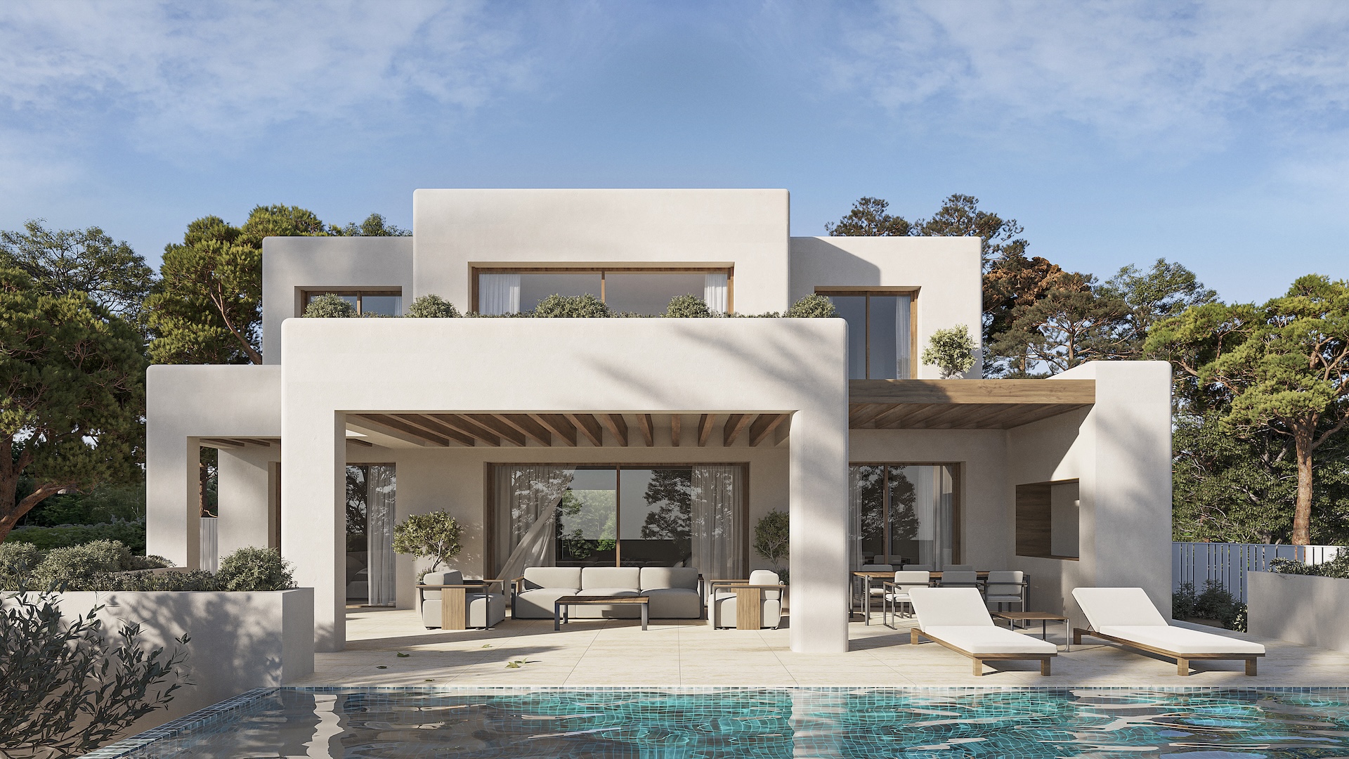 Exterieur in Ibicenco-stijl met overdekt terras met houten balken, buitenlounge, eethoek en zwembad omgeven door mediterrane pijnbomen.