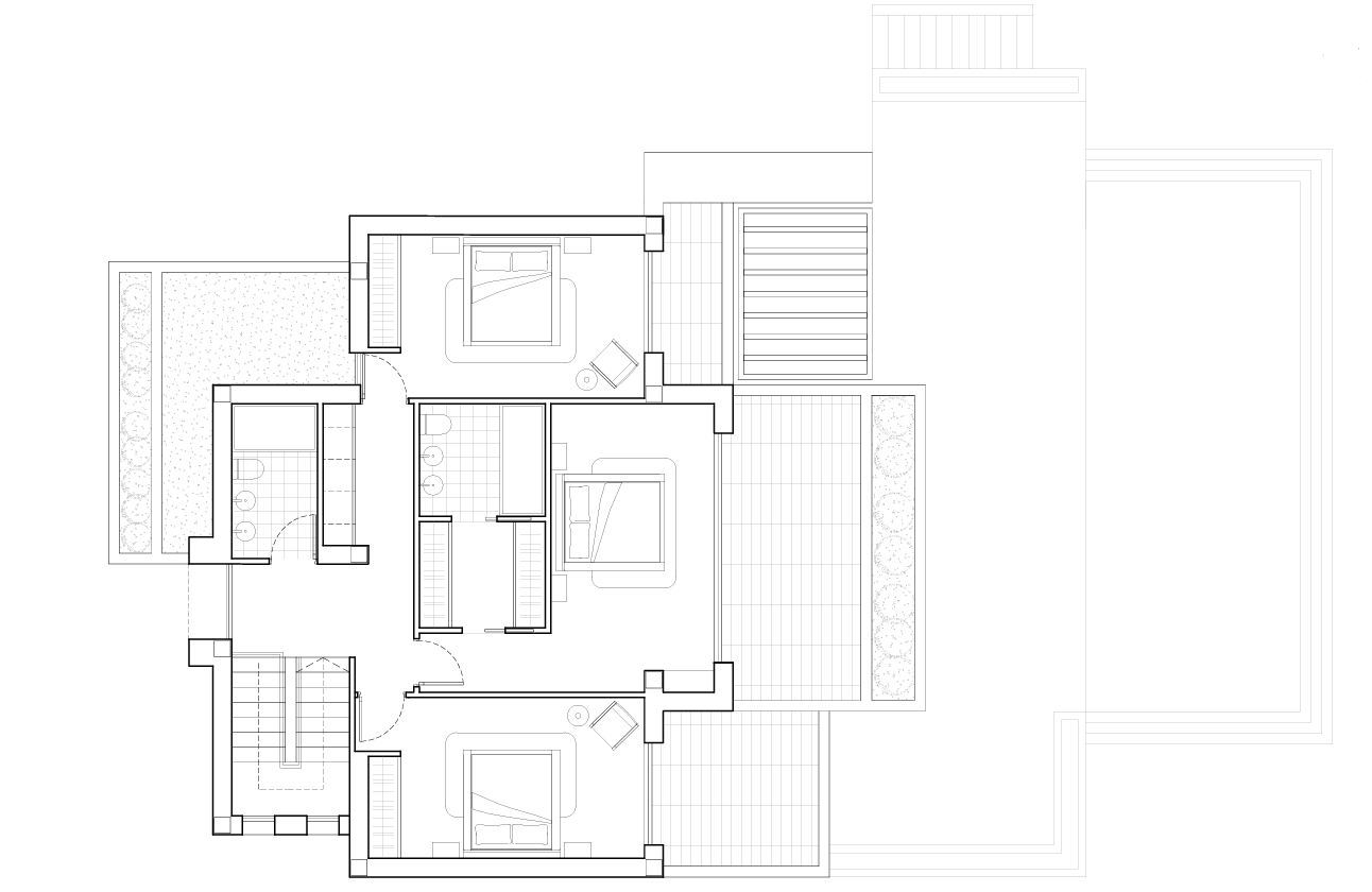 Gedetailleerde architecturale plattegrond van de bovenverdieping, met de indeling van drie slaapkamers, en-suite badkamers en grote terrassen.