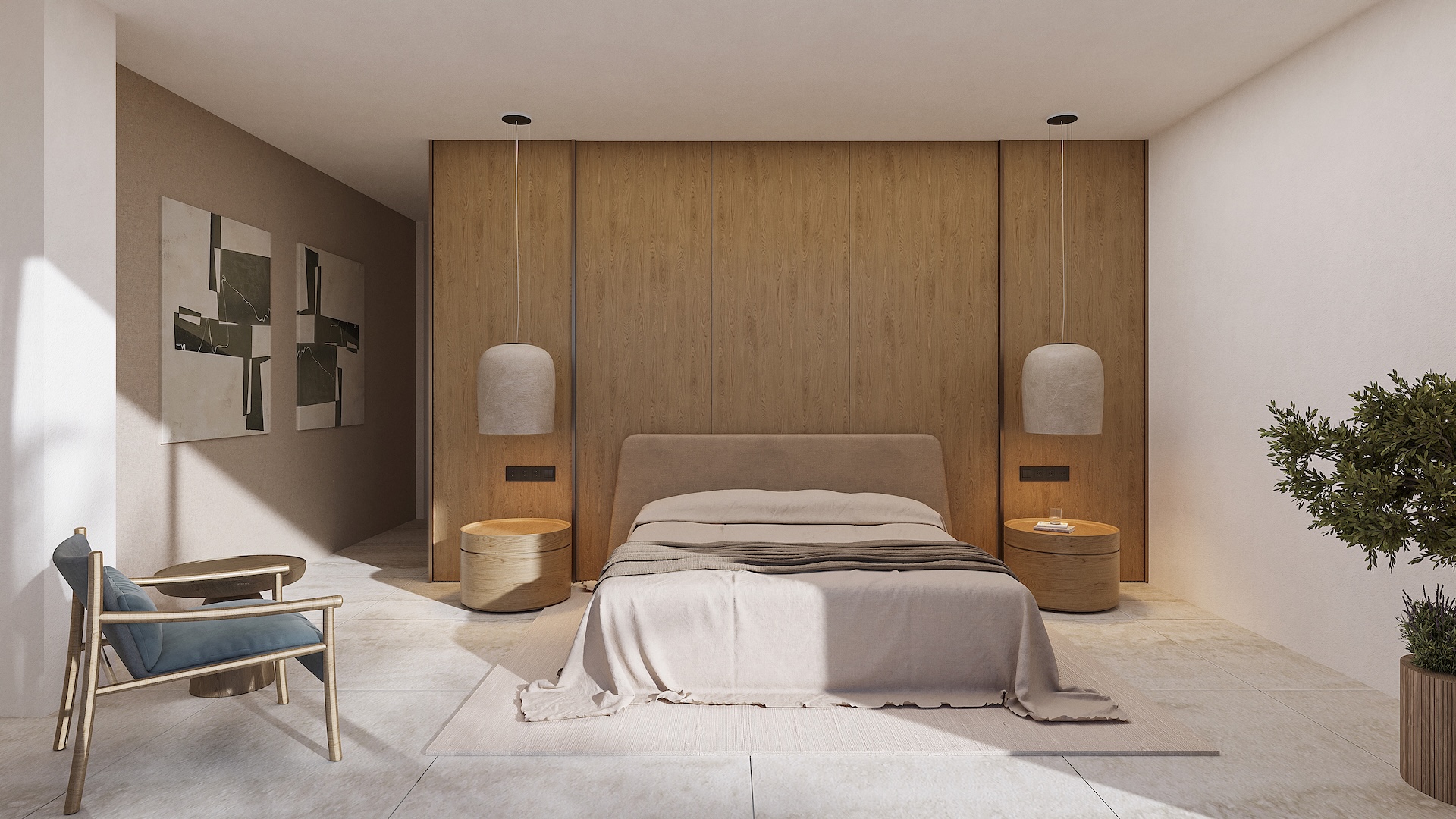 Hoofdslaapkamer met een natuurhouten wandpaneel, design hanglampen, ronde nachtkastjes en een neutrale stenen vloer.