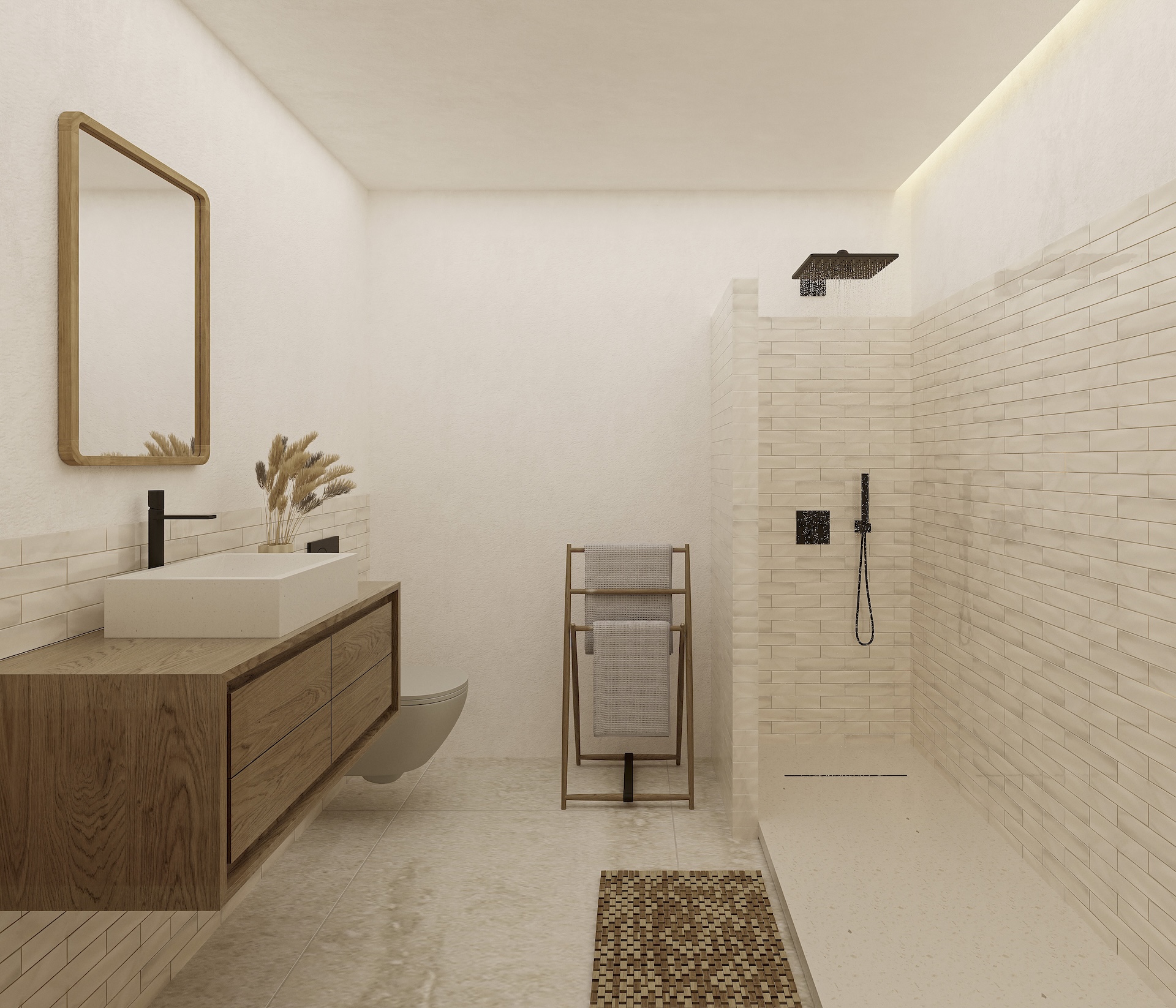 Moderne badkamer in Ibiza-stijl met zwevend eikenhouten meubel, opzetwastafel en inloopdouche met beige tegels en matzwarte kranen.