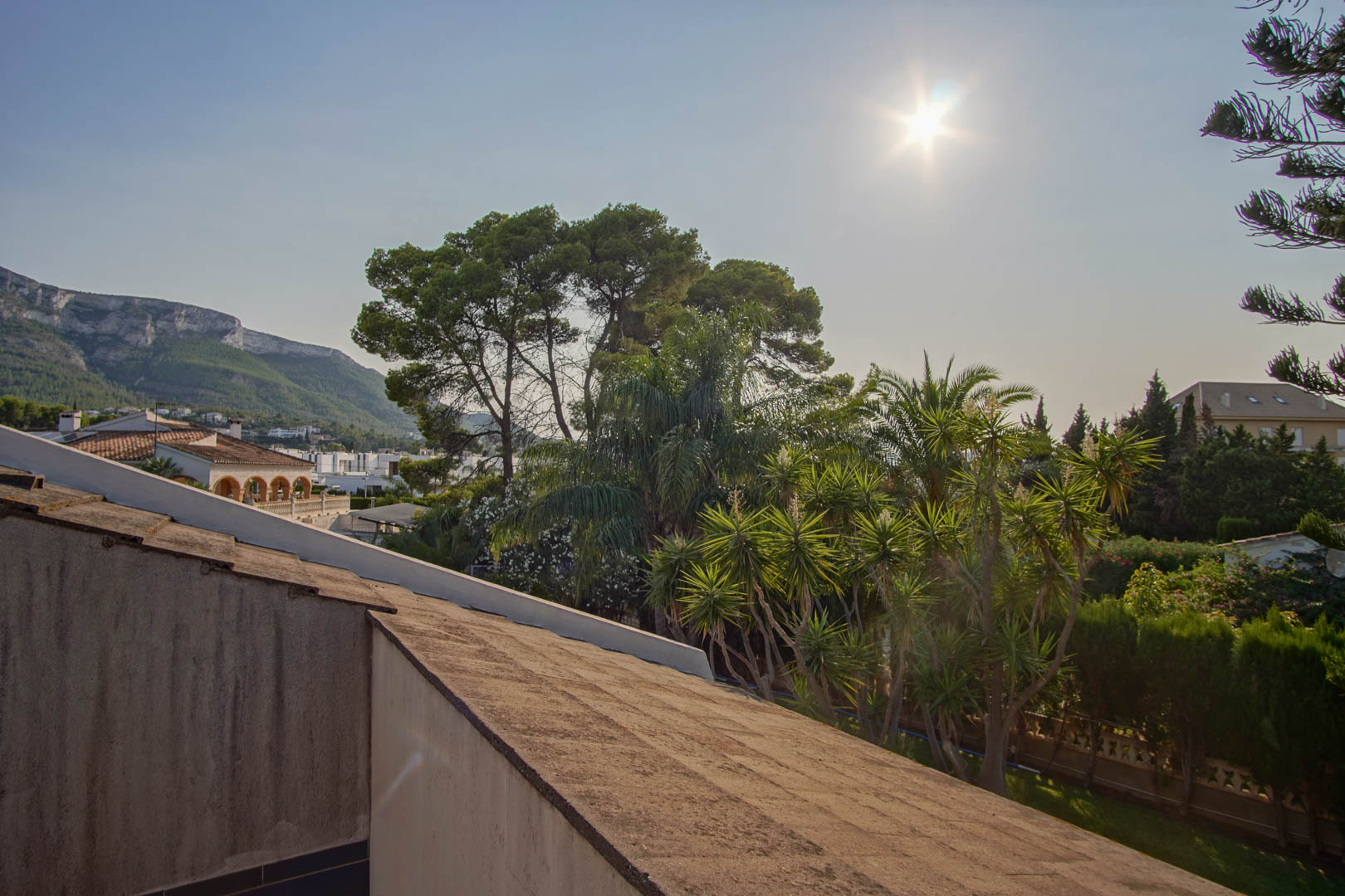 Vrij uitzicht op het Montgó-massief vanaf de bovenverdieping, omgeven door een volgroeide mediterrane tuin met palmen en pijnbomen.