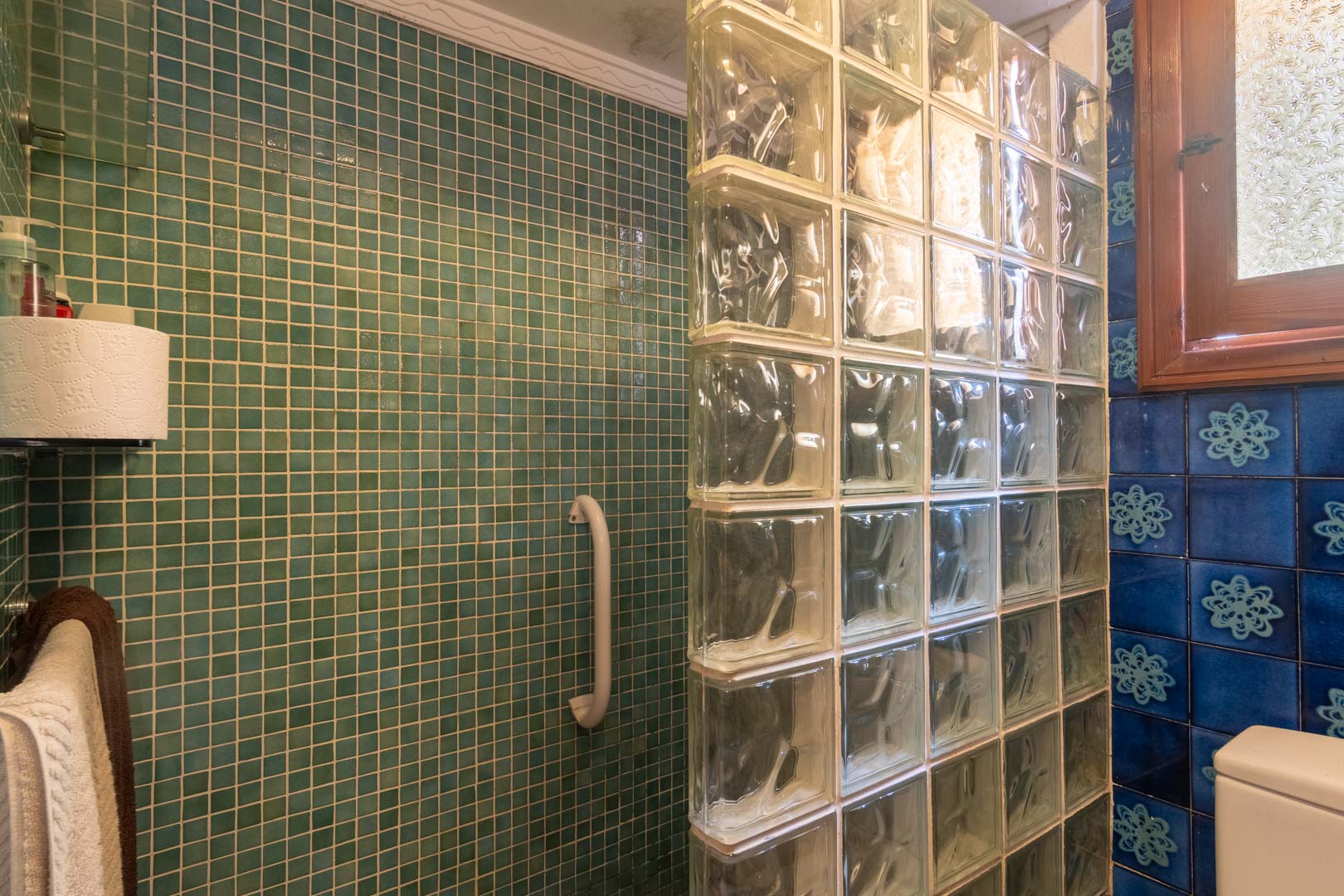 Badkamer met een groene mozaïek douchewand en een scheidingswand van glasbouwstenen. Bevat decoratieve blauwe tegels en een houten raam voor natuurlijke lichtinval.