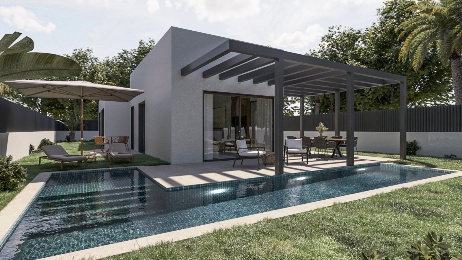 Exterieur met L-vormig zwembad, donkere metalen pergola voor buiten dineren en minimalistische grijze architectuur gelegen in een tuin met gazon.