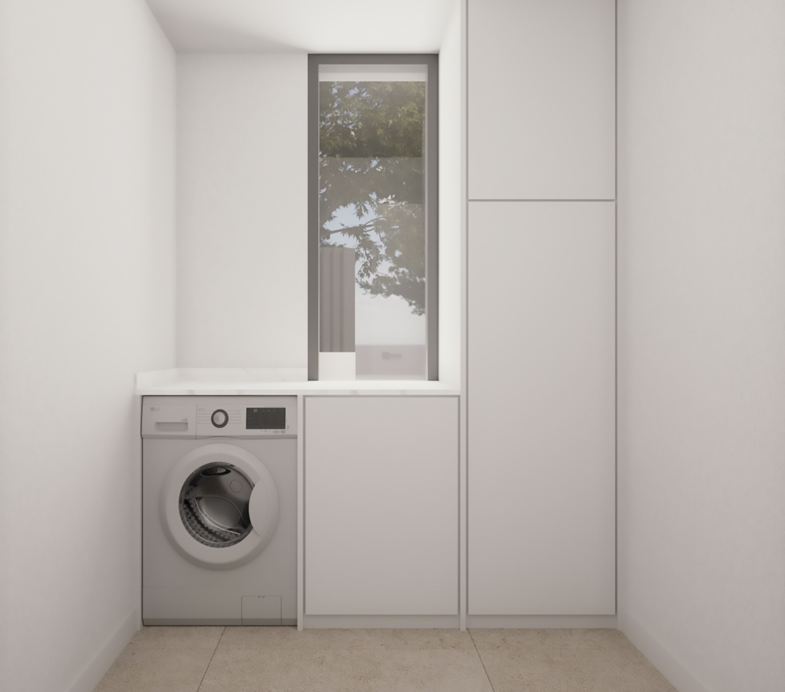 Functionele wasruimte met minimalistische witte kasten, een geïntegreerde wasmachine en een verticaal raam voor natuurlijk lichtinval en uitzicht.