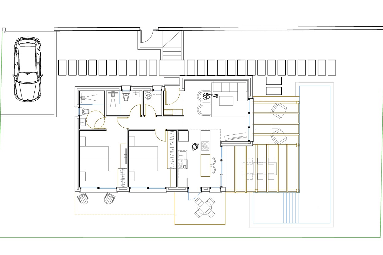Gedetailleerde plattegrond van het Tiny-model met twee slaapkamers, twee badkamers, een open keuken met kookeiland en een buitenterras met pergola en zwembad.