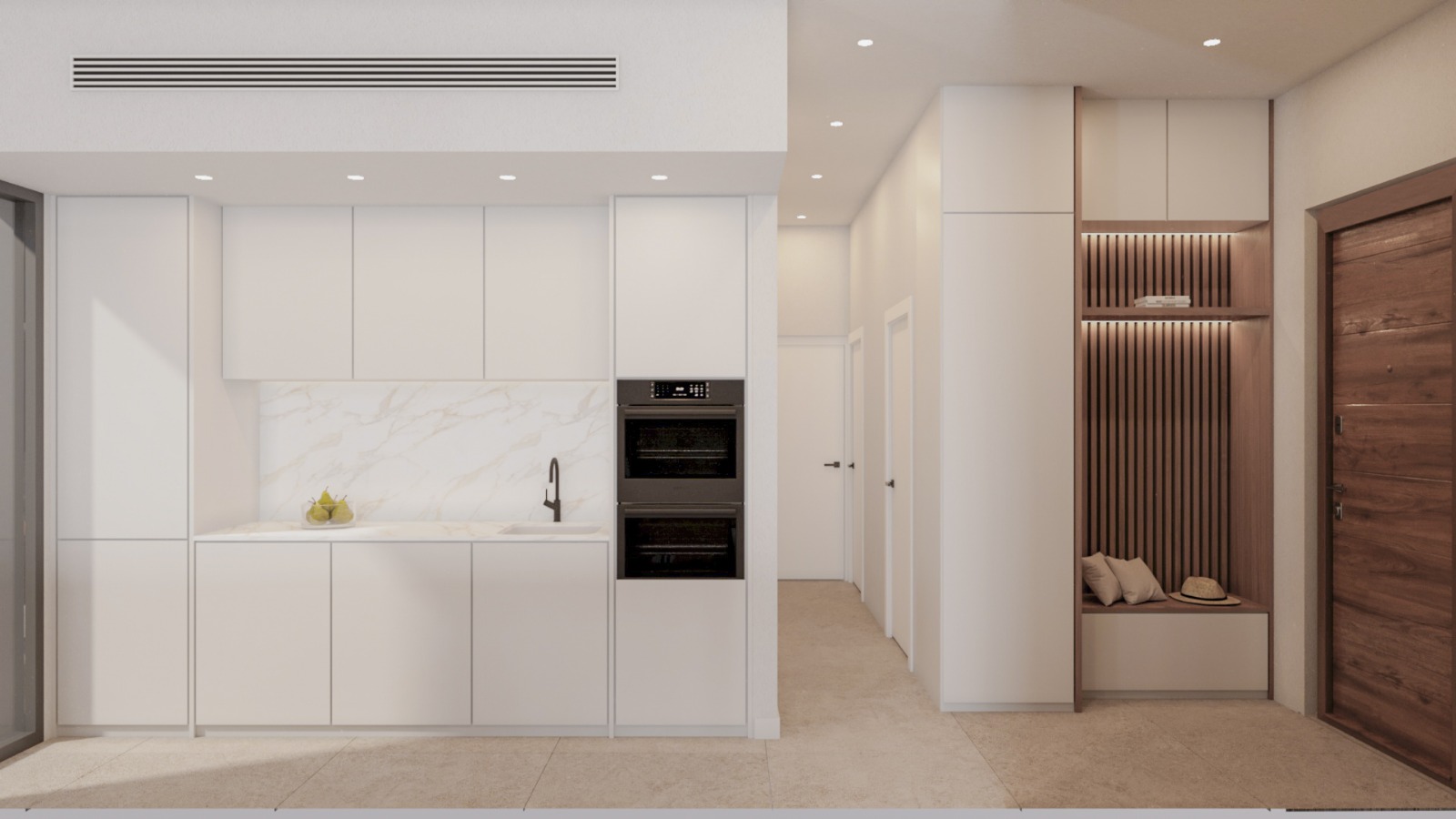 Minimalistische witte keuken met inbouwapparatuur en marmerlook aanrechtblad, grenzend aan een hal met houten lamellenbank en opbergruimte.