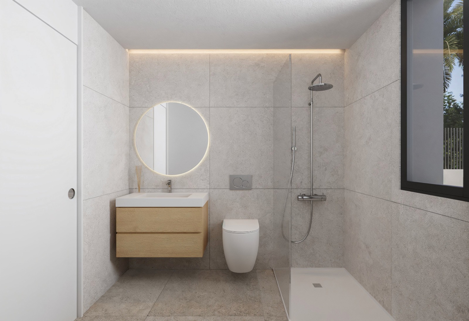 Moderne badkamer met grootformaat grijze tegels, zwevend houten wastafelmeubel, ronde verlichte spiegel en een inloopdouche met glazen wand.