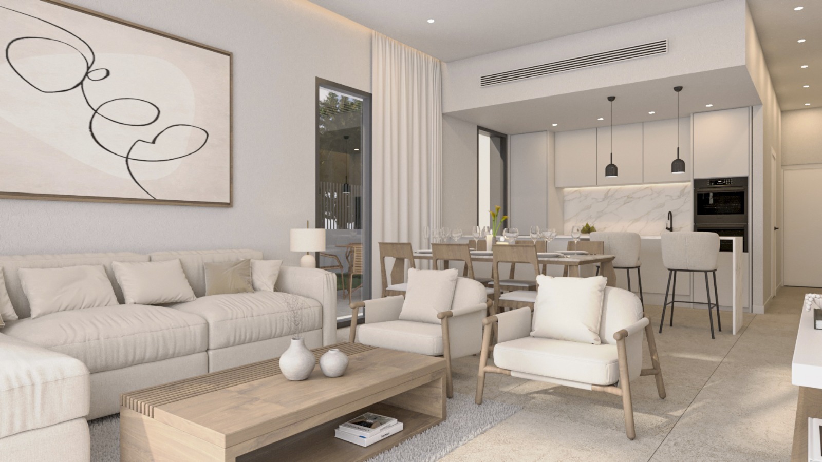 Open woonruimte met een minimalistische zithoek, houten eethoek en een moderne keuken voorzien van marmeren achterwand en inbouwapparatuur.