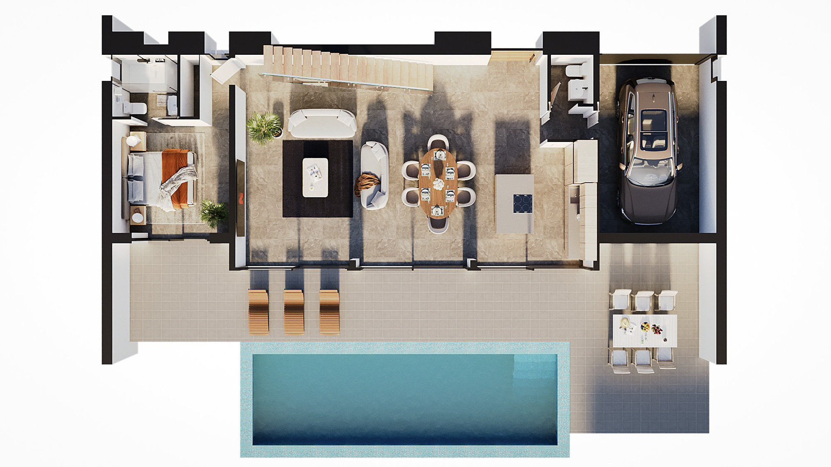 3D-plattegrond van de begane grond met open woonkamer, kookeiland, slaapkamer met en-suite badkamer, inpandige garage en terras met zwembad.