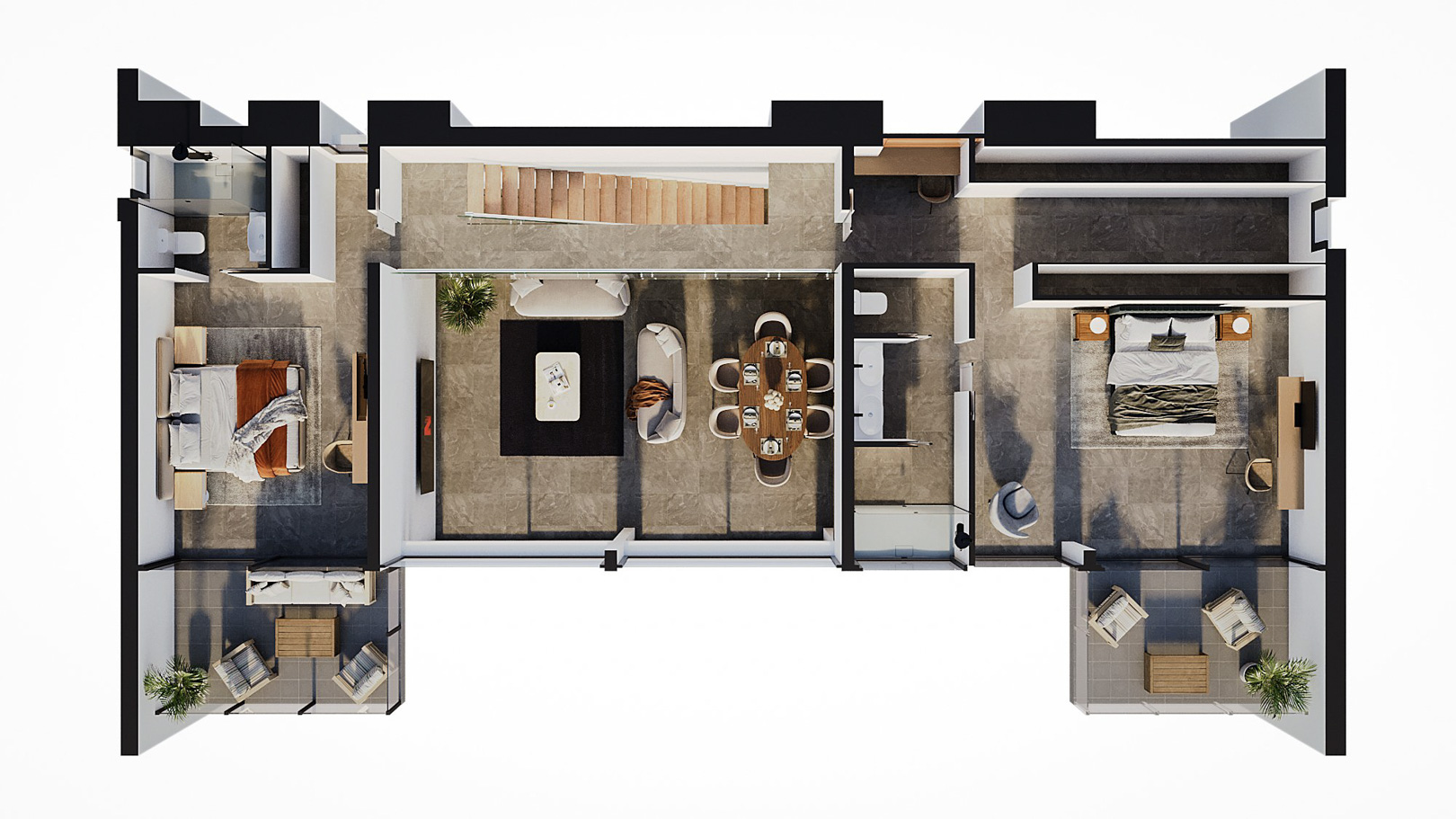 3D-plattegrond van de bovenverdieping met twee slaapkamers en-suite, privéterrassen, een inloopkast en een centrale zithoek met grootformaat stenen vloertegels.