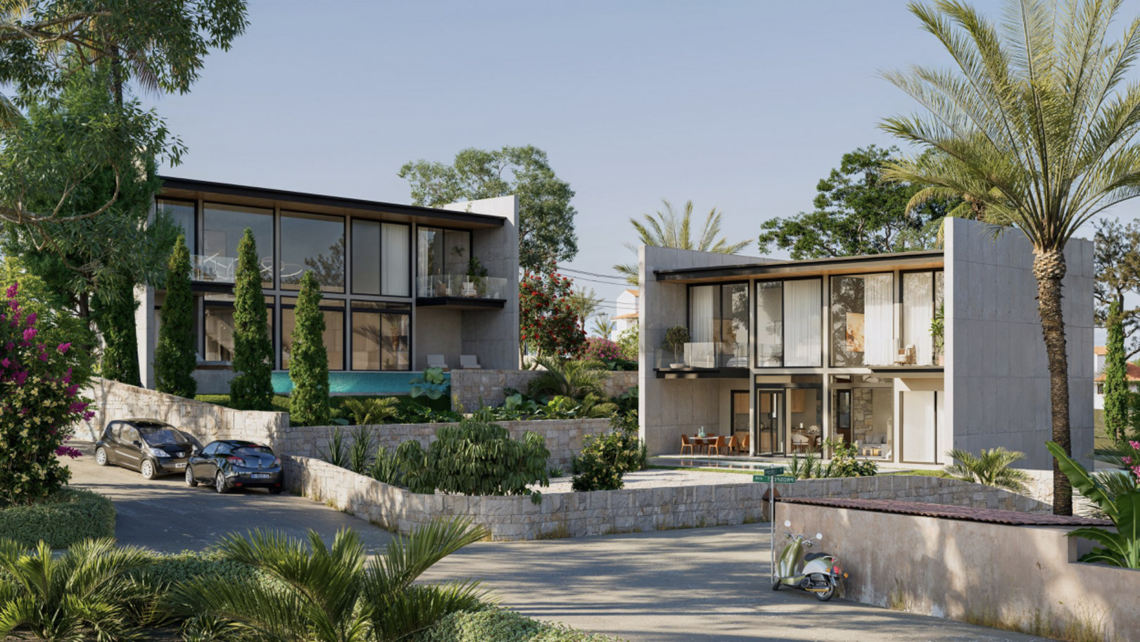 Externe weergave van twee moderne villa's met kamerhoge ramen, natuurstenen muren en een mediterrane tuin met palmbomen en cypressen.