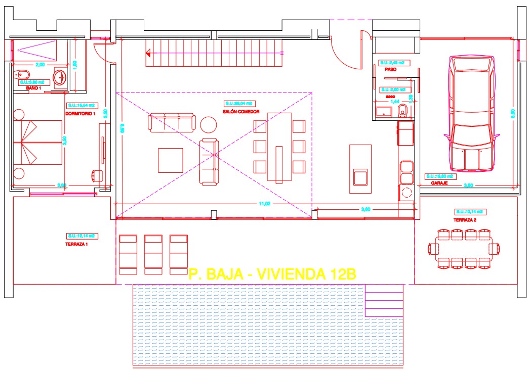Gedetailleerde plattegrond van de begane grond met een woon-eetkamer van 68 m², open keuken, slaapkamer met en-suite badkamer, inpandige garage en ruime terrassen.