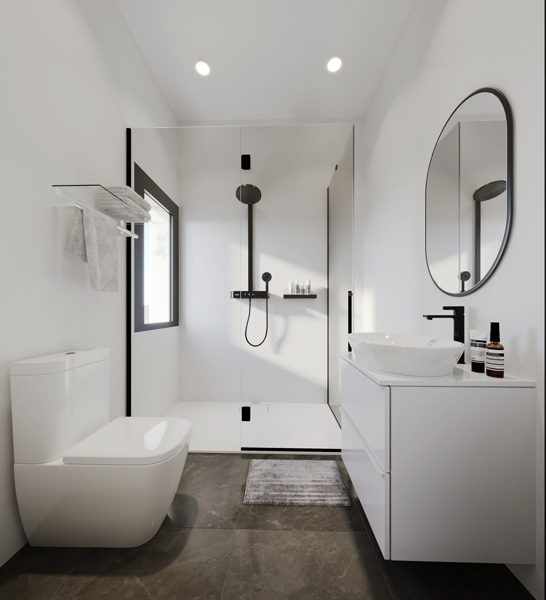 Moderne badkamer met inloopdouche, matzwarte kranen, wit wastafelmeubel en donkere vloertegels in contrast met de witte wanden.
