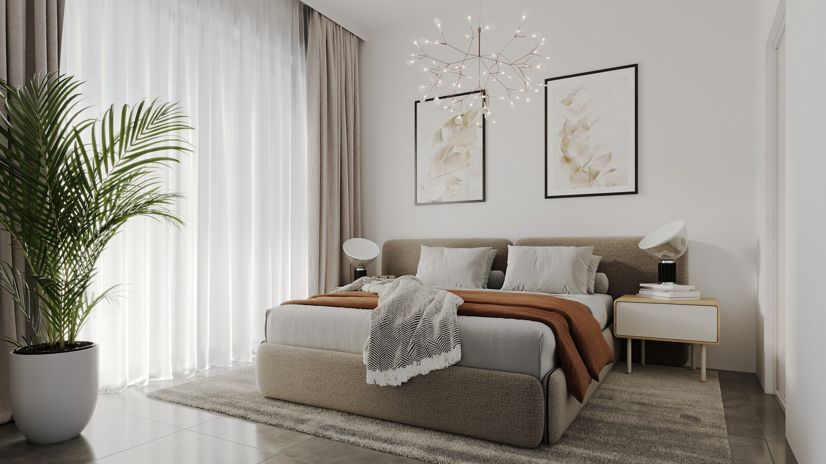 Moderne slaapkamer met gestoffeerd bed, design hanglamp en kamerhoge ramen die zorgen voor een overvloed aan natuurlijk licht.