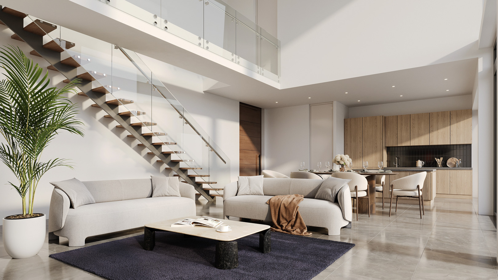 Woonkamer met dubbele hoogte en een zwevende houten trap met glas. Open indeling met een moderne keuken in houtnerf en grote keramische vloertegels.