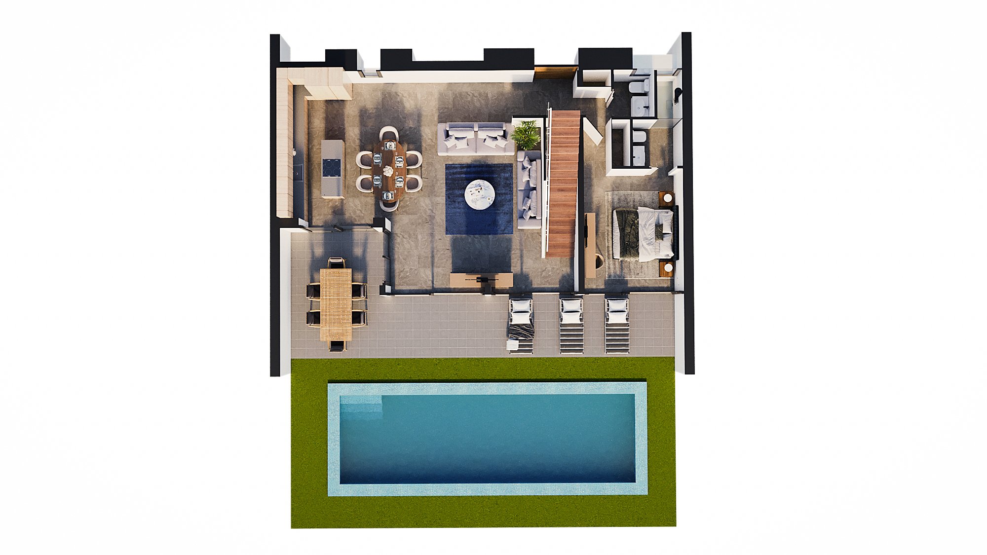 3D-plattegrond van de begane grond met open woon- en eetkamer, keuken met eiland, slaapkamer met badkamer, terras en een rechthoekig zwembad.