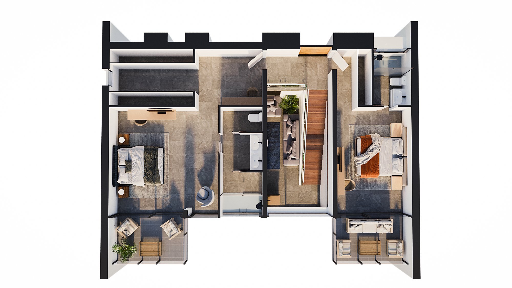 3D-plattegrond van de bovenverdieping met twee slaapkamers met en-suite badkamers, een ruime inloopkast, houten trap en privéterrassen met buitenmeubilair.
