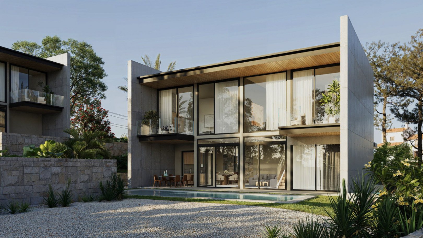 Moderne gevel van beton en glas met kamerhoge ramen, privéterrassen en een rechthoekig zwembad omgeven door een mediterrane tuin en natuurstenen muren.