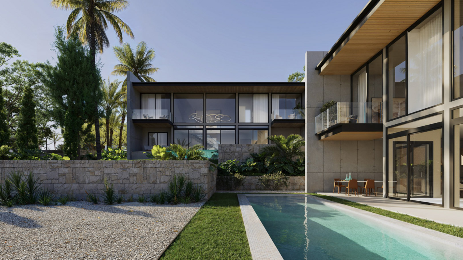 Moderne villa met kamerhoge raampartijen, een rechthoekig zwembad en natuurstenen muren in een mediterrane tuin met palmbomen en grind.