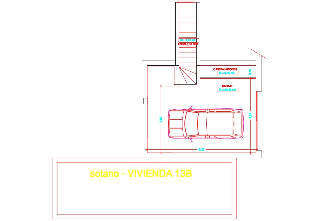 Technische plattegrond van het souterrain met een garage van 26,83 m², een installatieruimte en een trap voor directe toegang tot de woning.