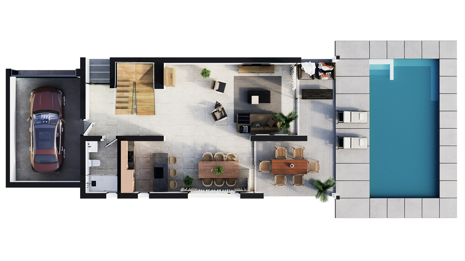 3D-plattegrond van de begane grond met een open woonruimte, keuken met eiland, garage en buitenterras met een privézwembad.