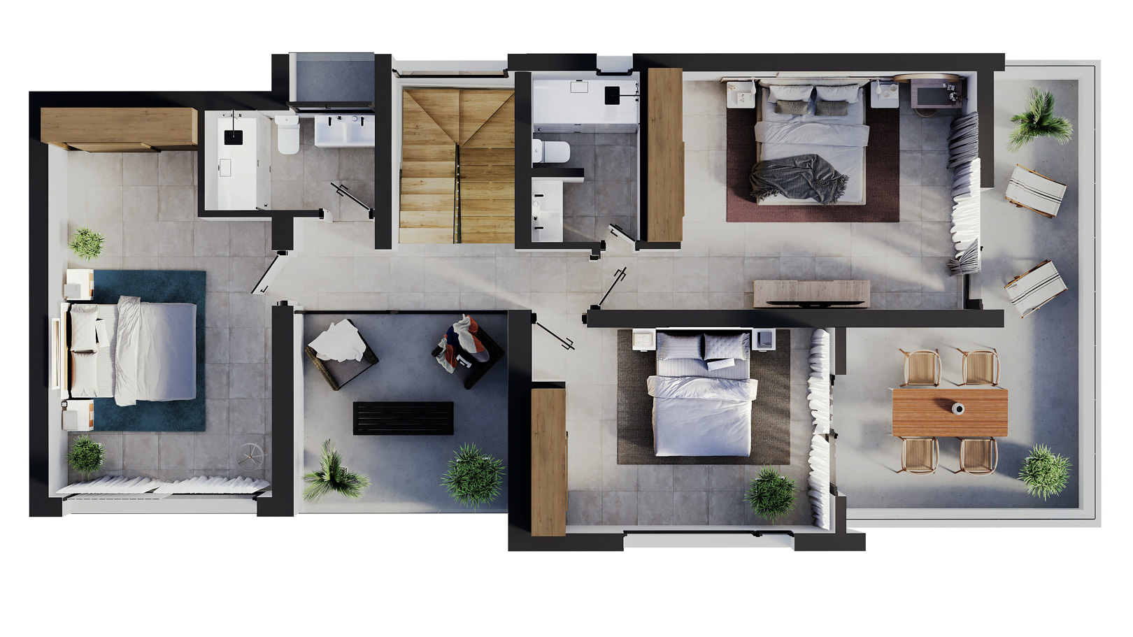 3D-plattegrond van de bovenverdieping met drie slaapkamers, twee badkamers, een houten trap en ruime terrassen voorzien van een eethoek en ligbedden.