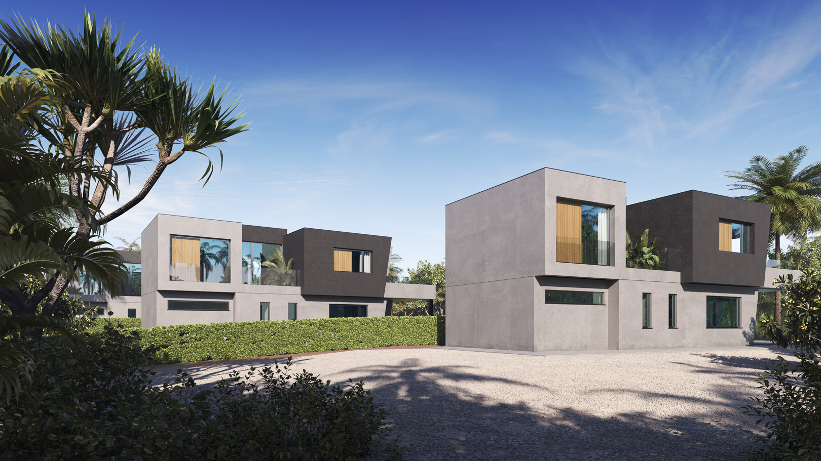 Exterieur van de drie moderne villa's met minimalistische betonnen gevels, donkere accenten en mediterrane tuinen met grindpaden.