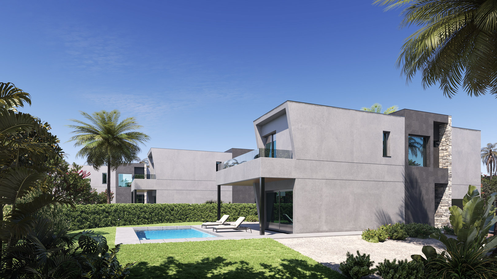 Exterieur van de moderne villa met grijze gevel, privézwembad en zonneterras. De architectuur kenmerkt zich door strakke lijnen, natuurstenen details en een verzorgde tuin.