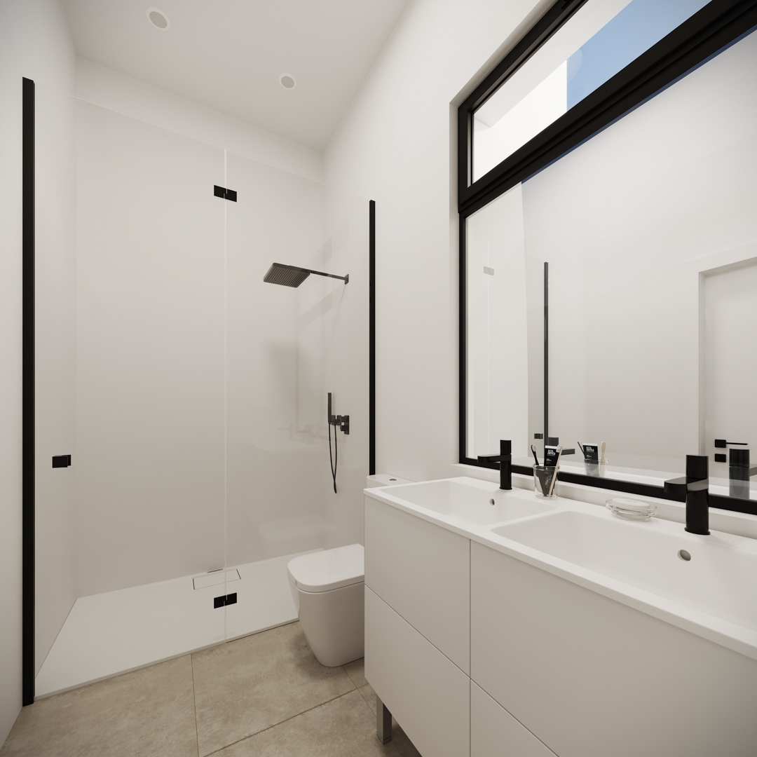 Moderne badkamer met wit dubbel wastafelmeubel, matzwarte kranen en een inloopdouche met glazen wand. Neutrale vloertegels en minimalistische inbouwverlichting.