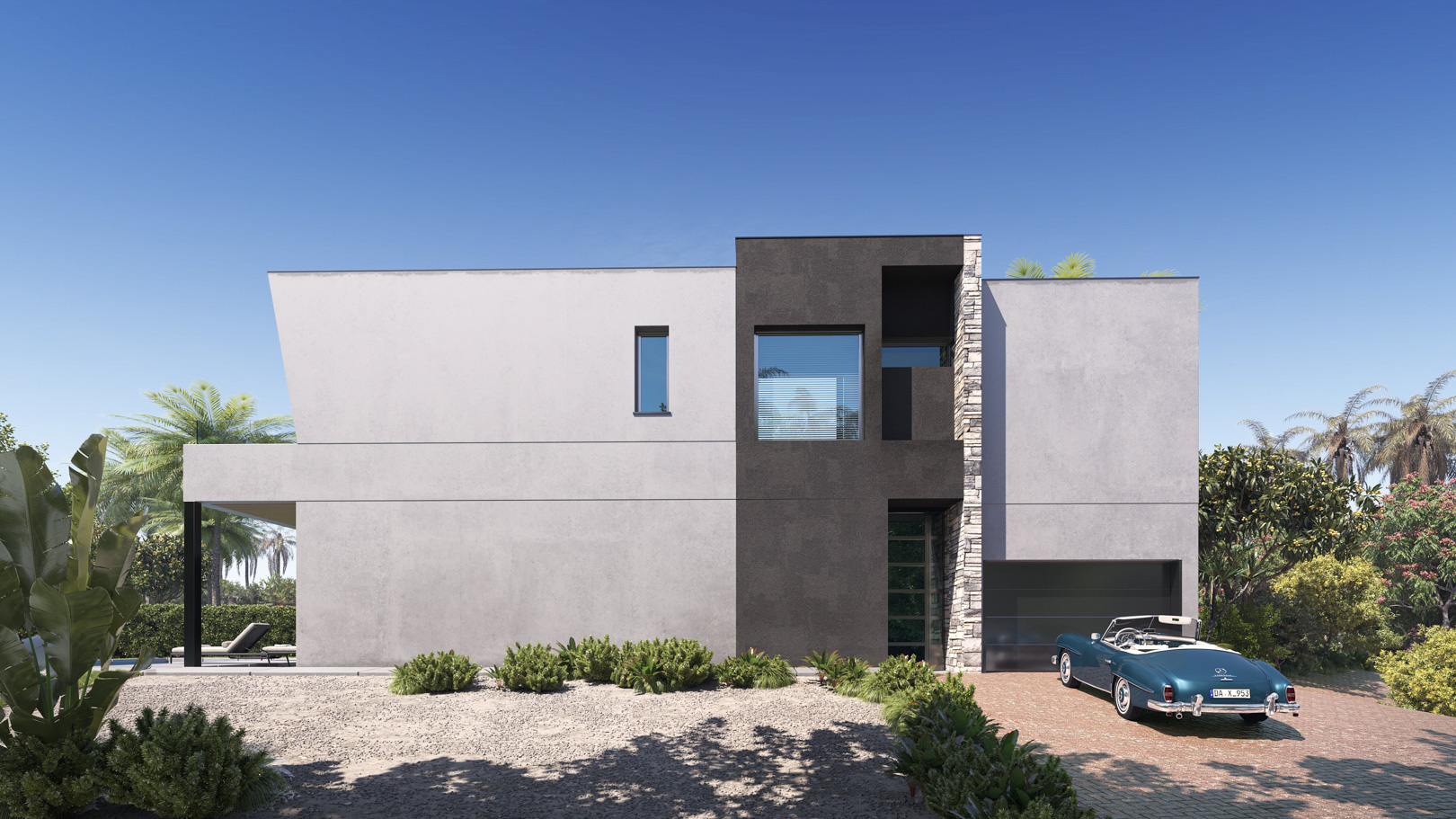 Moderne gevel met geometrische lijnen en accenten van natuursteen. Inclusief geïntegreerde garage en een mediterrane tuin met grind en palmen.