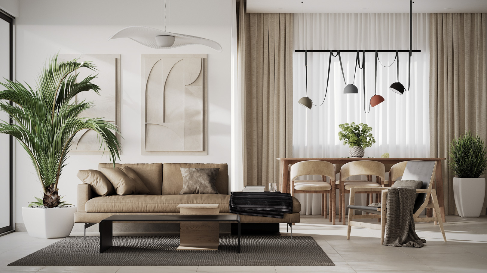 Open woon- en eetkamer met een bank in aardetinten, minimalistische wanddecoratie, designverlichting en grote ramen met kamerhoge gordijnen.