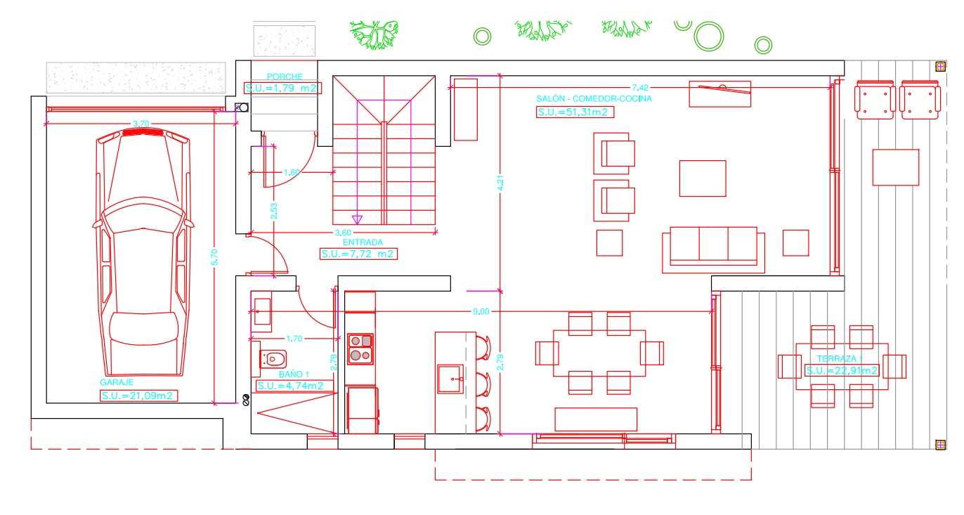 Plattegrond van de begane grond met een open woonkamer en keuken van 51,31 m², een inpandige garage en een ruim buitenterras van 22,91 m².