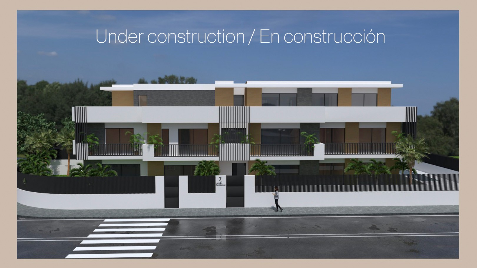 Exterieurimpressie van een modern appartementencomplex met een witte gevel, grijze steen- en houtaccenten, ruime terrassen en eigentijdse zwarte metalen details.