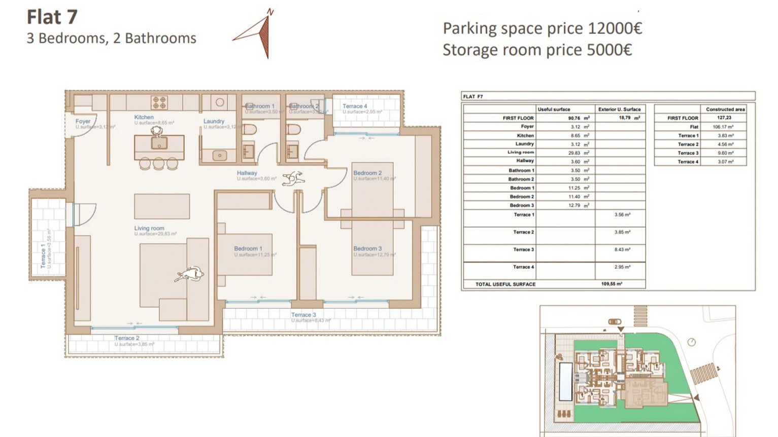Gedetailleerde plattegrond van appartement 7 met drie slaapkamers, twee badkamers, een kookeiland en vier terrassen, goed voor 109,55 m² aan nuttige oppervlakte.