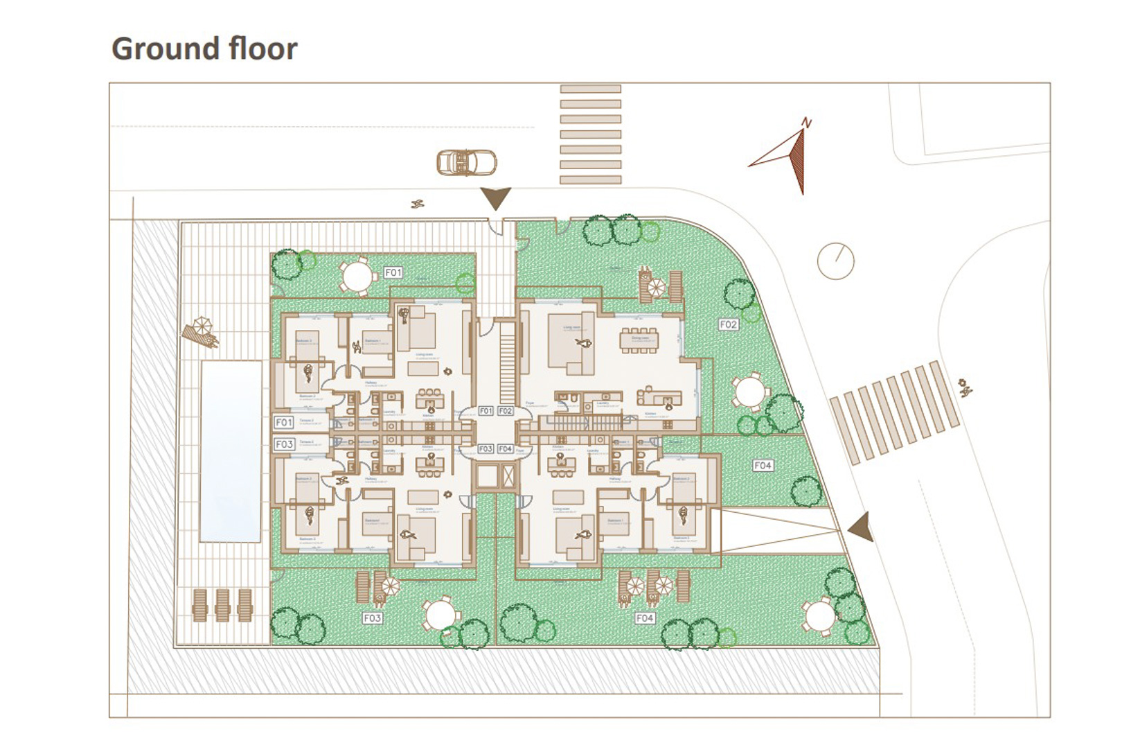 Gedetailleerde plattegrond van de begane grond met de indeling van vier appartementen, privétuinen en het gemeenschappelijke zwembad.