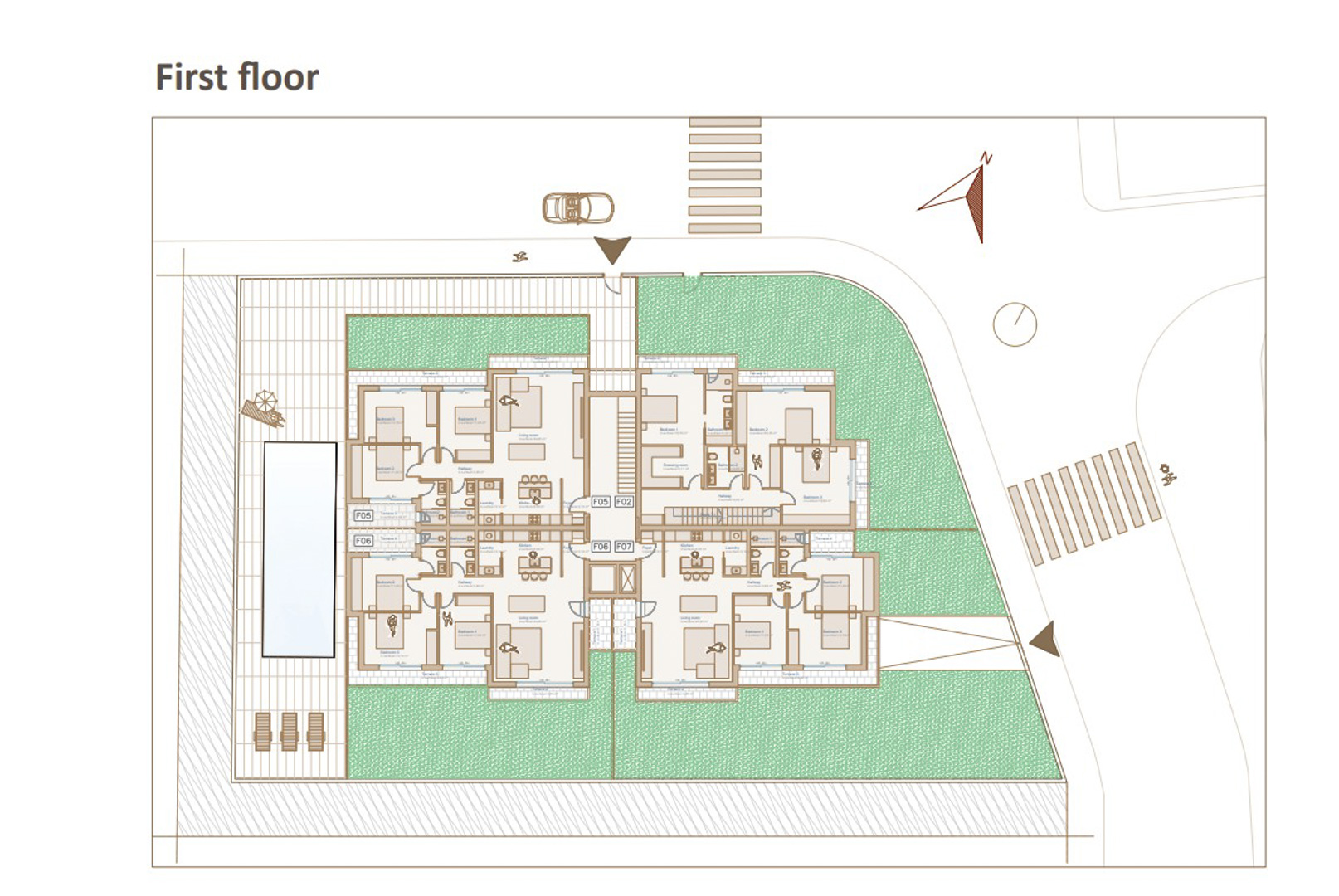 Gedetailleerde plattegrond van de eerste verdieping met de indeling van vier appartementen, voorzien van drie slaapkamers, open woonruimtes en privéterrassen.
