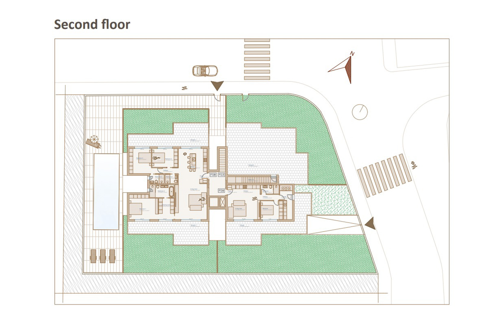 Gedetailleerde plattegrond van de tweede verdieping met de indeling van twee appartementen voorzien van drie slaapkamers, ruime terrassen, privétuinen en een gemeenschappelijk zwembad.