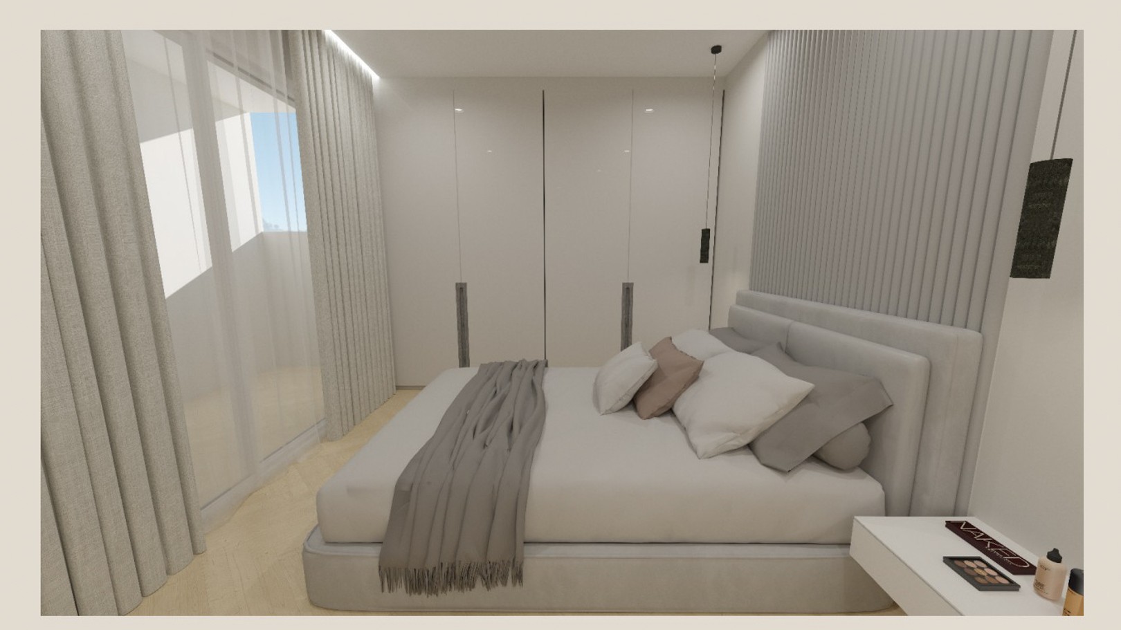Hoofdslaapkamer met kamerhoge inbouwkasten, een wand met verticale lattenstructuur en directe toegang tot het terras via grote glazen schuifdeuren.