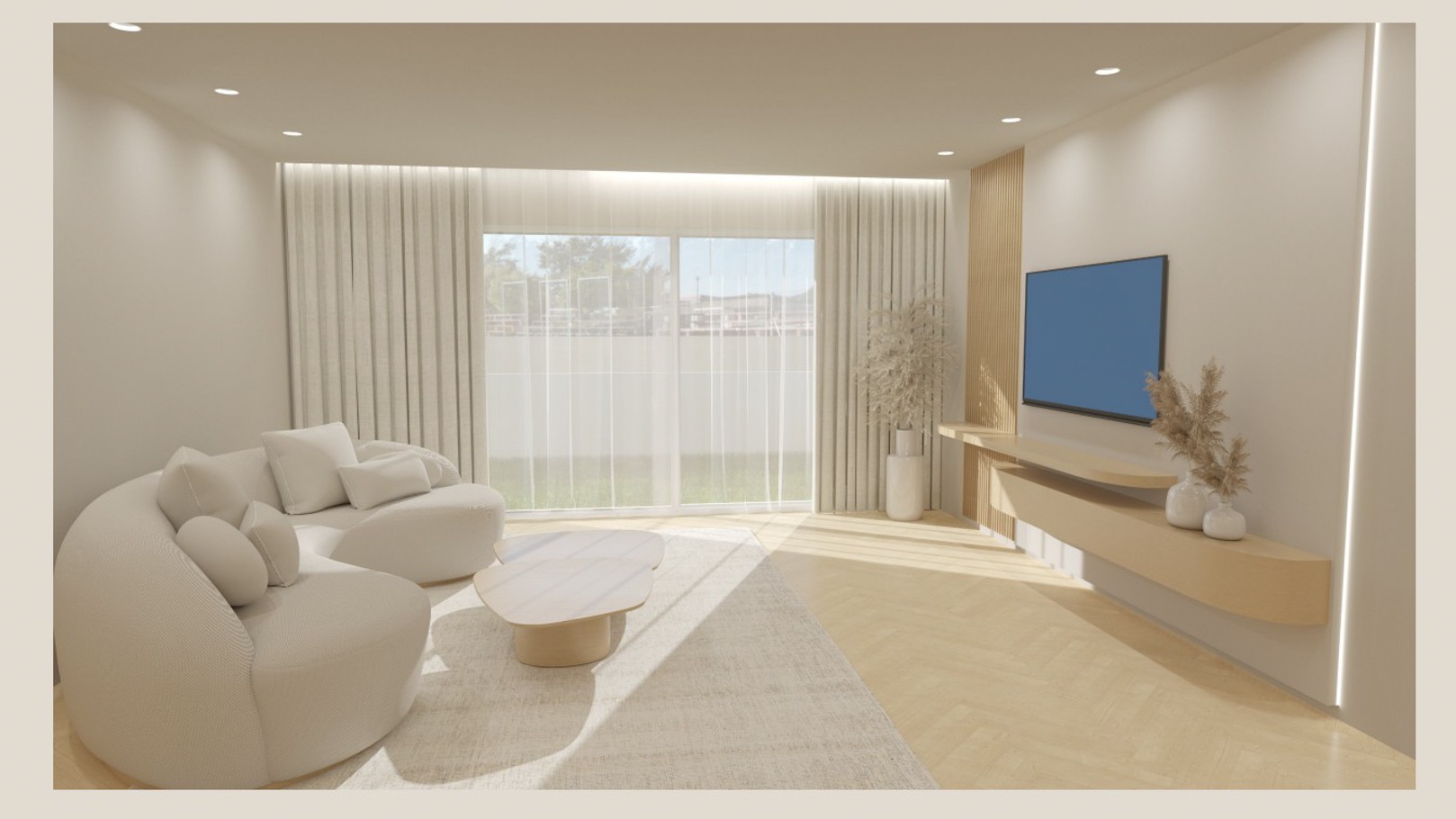 Minimalistische woonkamer met lichte visgraatvloer, een gebogen bank en grote glazen schuifdeuren. Voorzien van houten wandpanelen en zwevende planken.