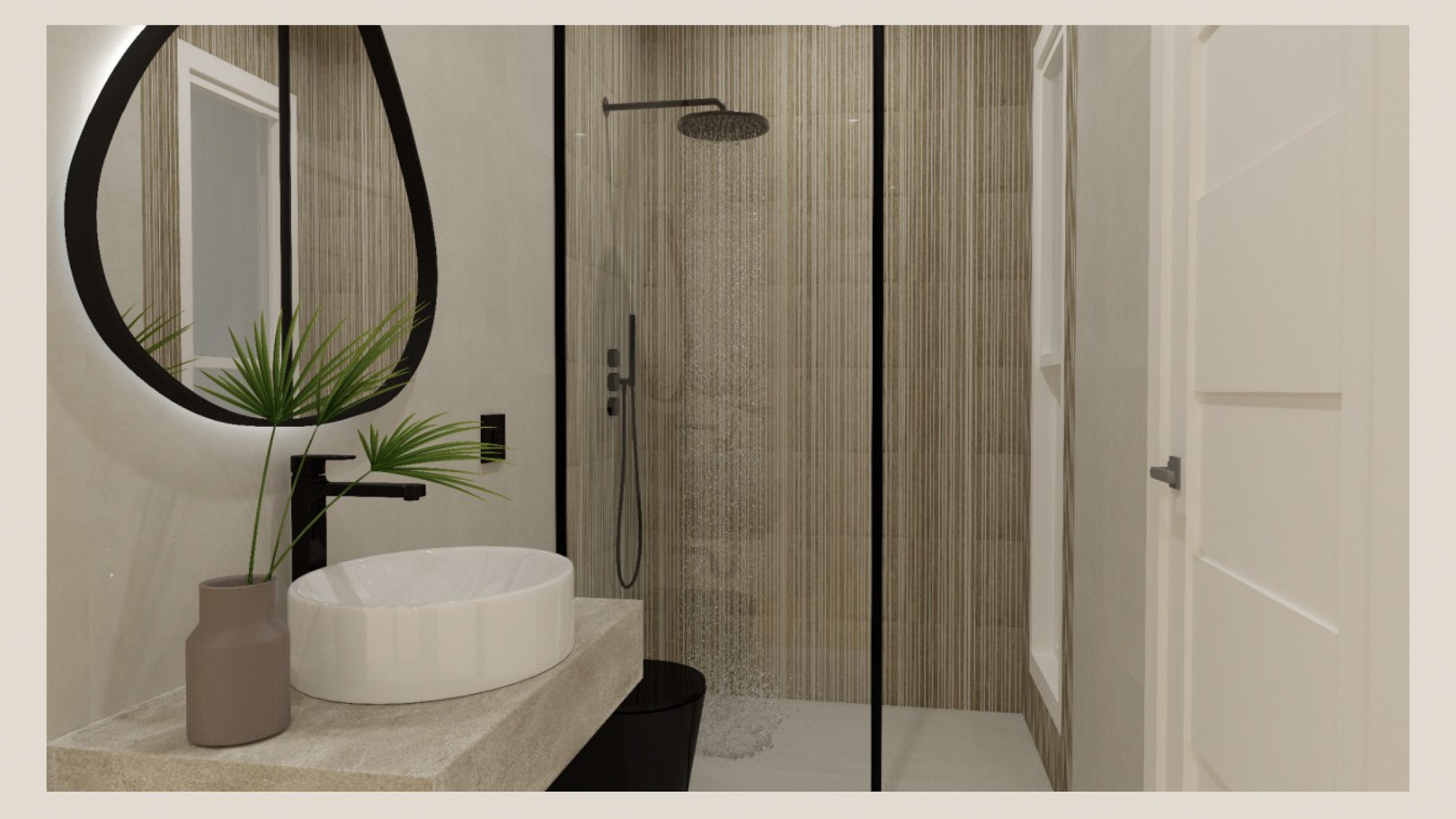 Moderne badkamer met opzetwastafel op een stenen blad, organisch gevormde verlichte spiegel en inloopdouche met verticaal gestructureerde wandtegels.